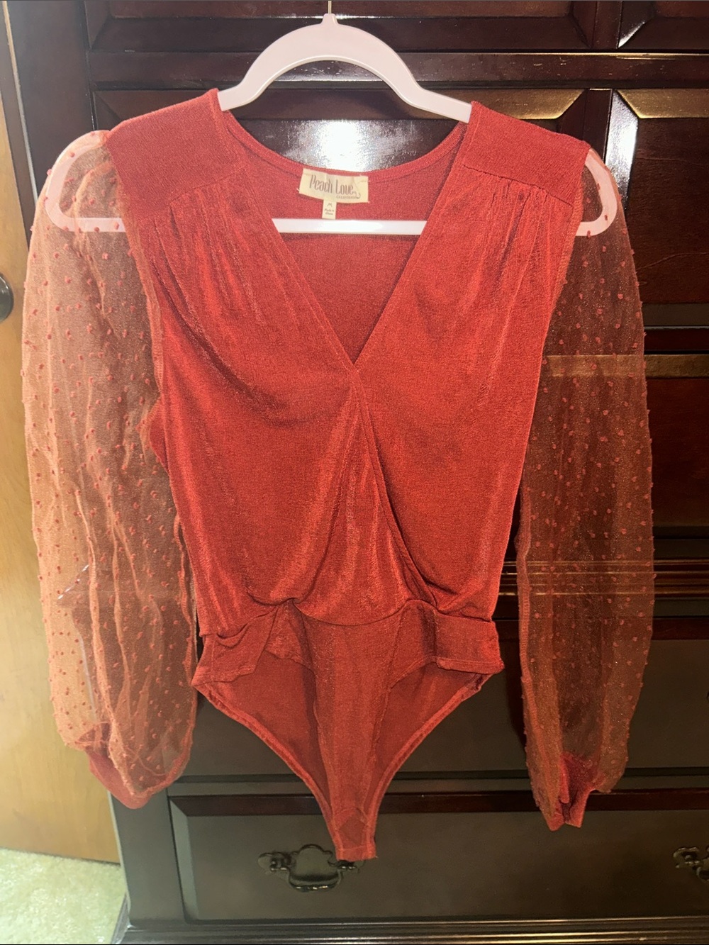 Peach Love California Rust Red Sheer Dot Sleeve One-Piece Bodysuit